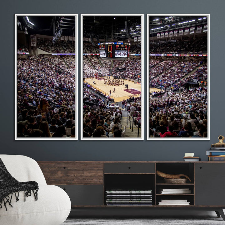 The Nebraska Basketball Arena Wall Art Canvas features an arena filled with Cornhuskers fans and players beneath a scoreboard.