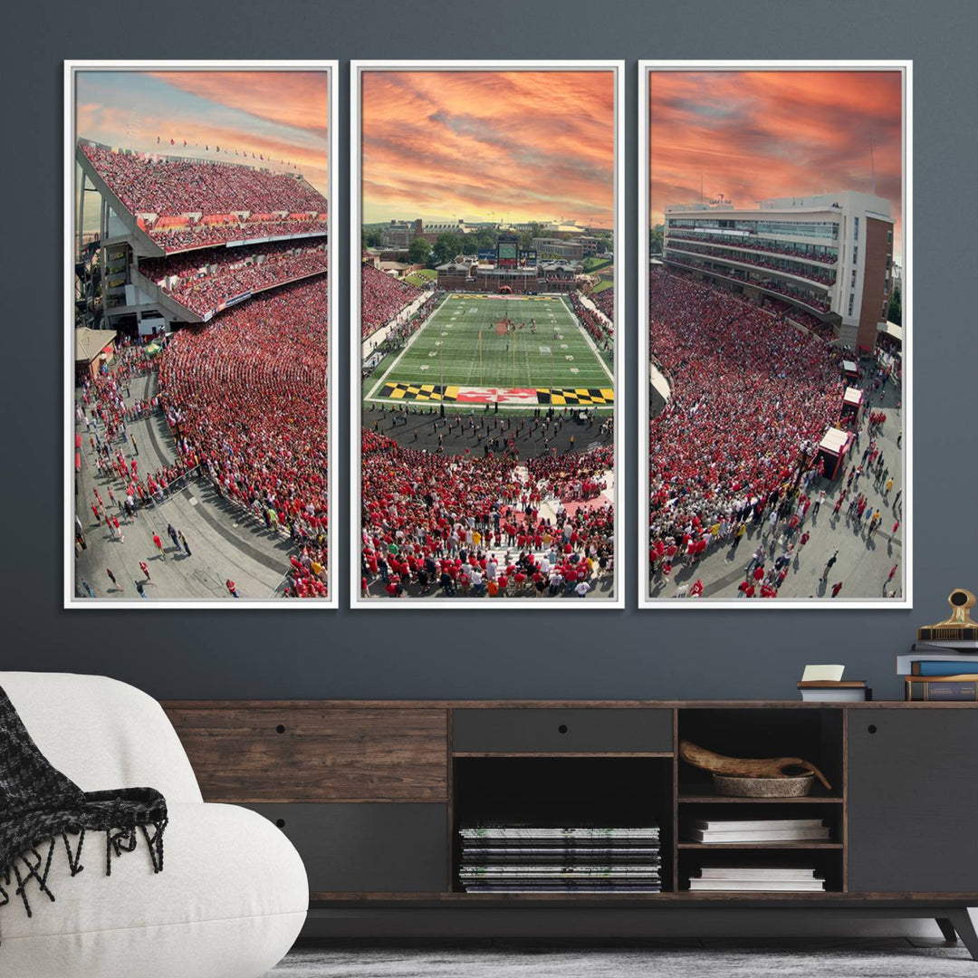 A packed SECU Stadium at sunset, ideal for your University of Maryland Terrapins Football Team wall art canvas print.