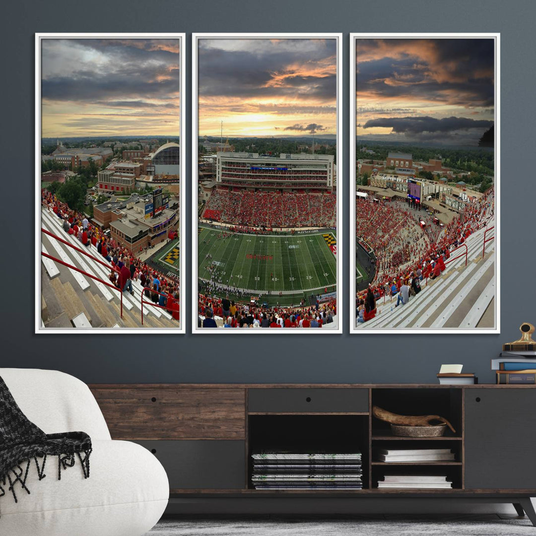 The University of Maryland Terrapins Football Team Print features SECU Stadium at sunset with vibrant skies.