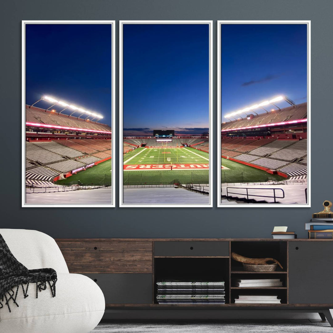 A large SHI Stadium at dusk, ideal for a Rutgers Scarlet Knights Football Team canvas print.