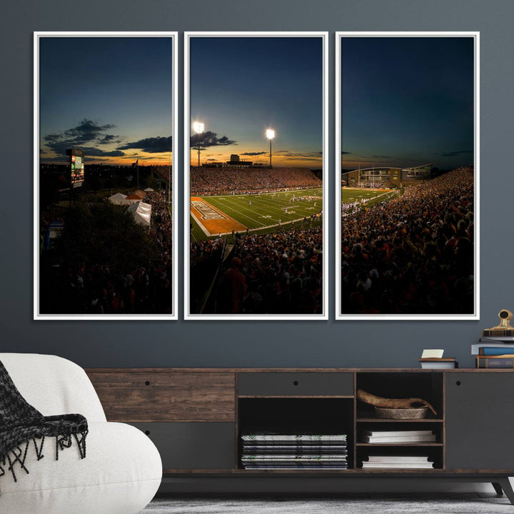 Ball State Cardinals Football Team Print - Muncie Scheumann Stadium Canvas featuring a sunset, floodlights, and lively crowd.