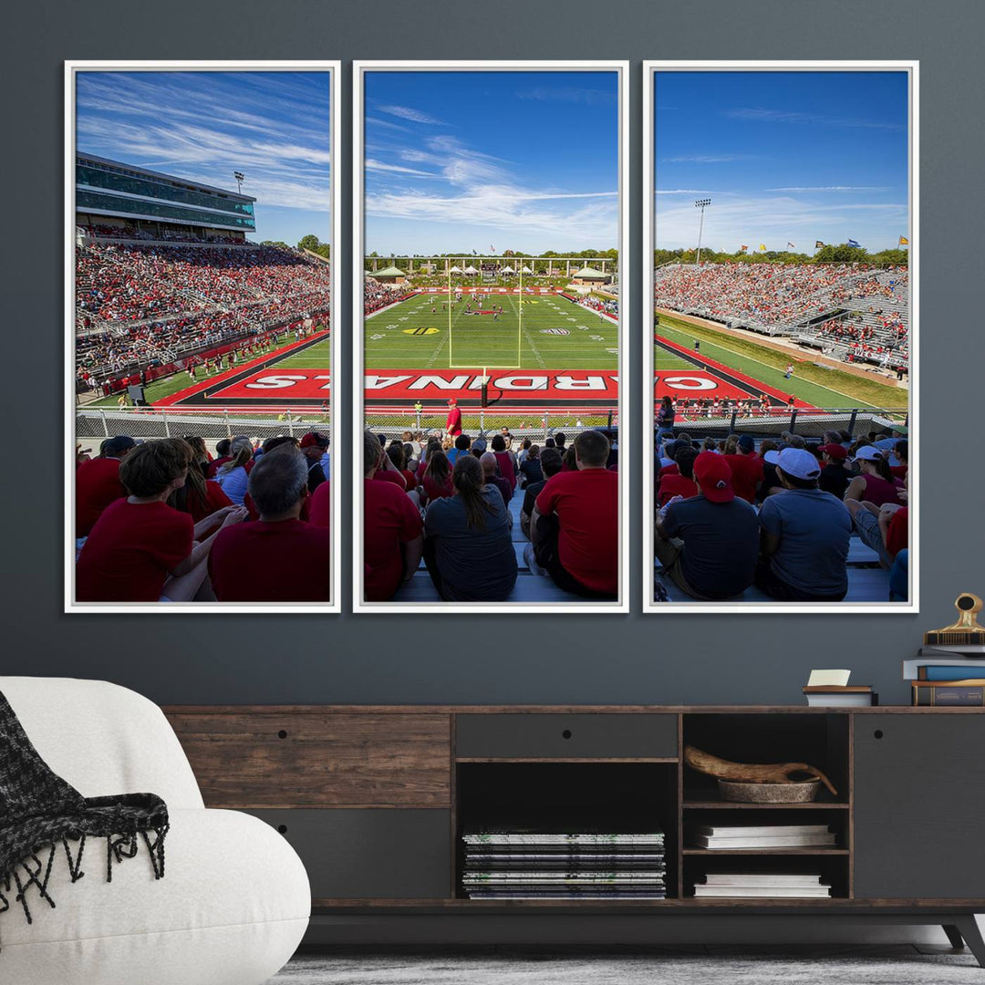 The Ball State Cardinals wall art on canvas depicts fans in red at Scheumann Stadium.