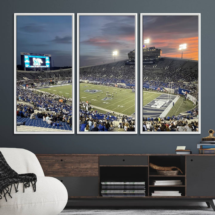 A Memphis Tigers football canvas print of Simmons Bank Liberty Stadium at sunset enhances the living room.