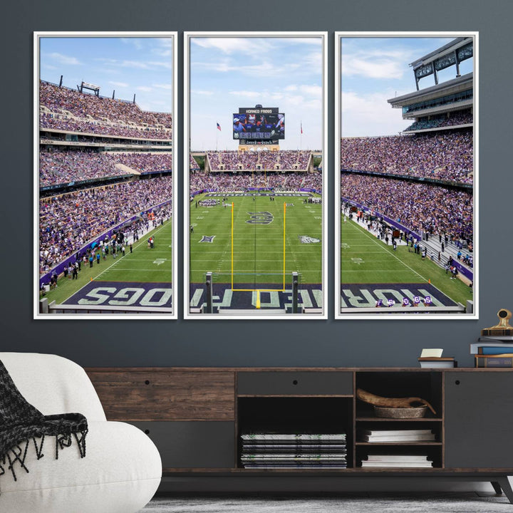 The TCU Horned Frogs print portrays a vibrant Amon G. Carter Stadium, filled with energy and game action.