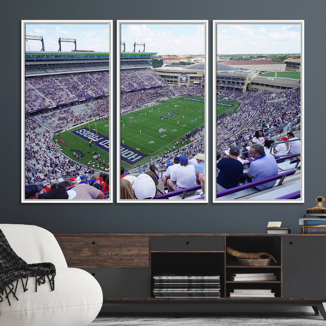 Amon G. Carter Stadium wall art canvas showcasing the TCU Horned Frogs and packed stands at Fort Worth.