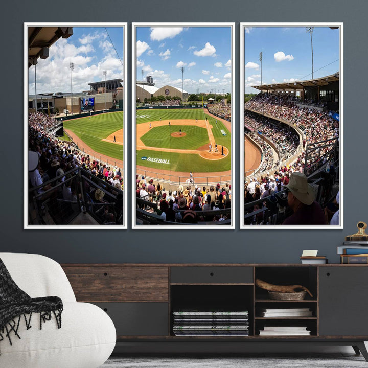 A baseball stadium under a blue sky, capturing the energy of The Texas A&M Aggies Athletics Kyle Field Wall Art.