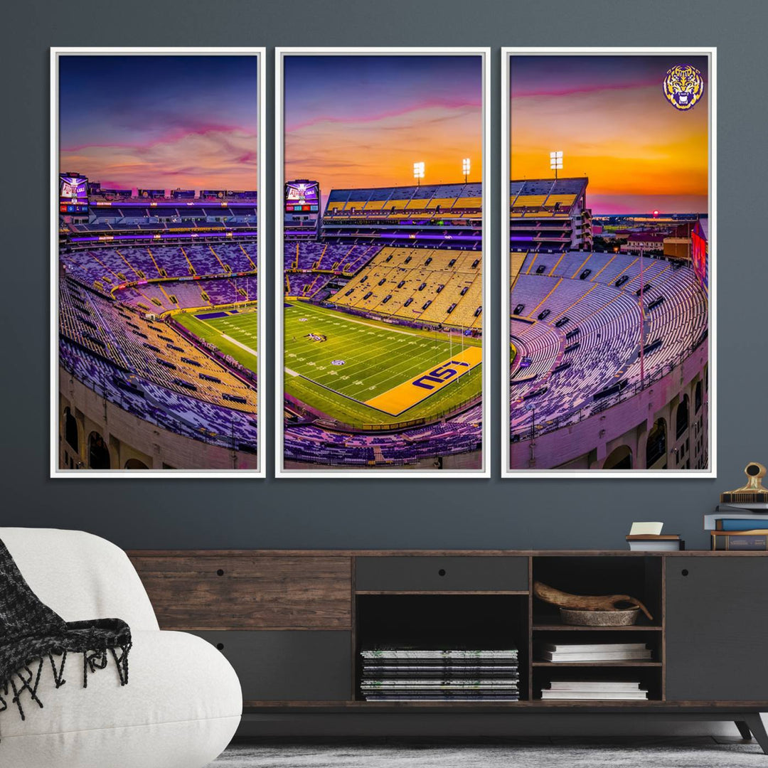 A canvas print of Tiger Stadium at sunset, depicting an empty field and stands, adorns the wall.