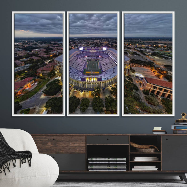 The LSU Tigers Football Team Baton Rouge Tiger Stadium Canvas is displayed prominently, capturing attention with its vivid depiction of the iconic stadium.