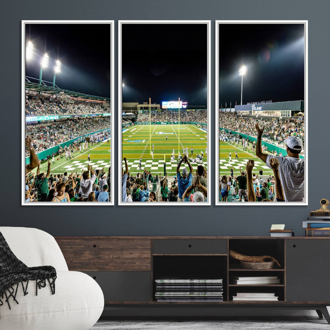 This vibrant wall art canvas print captures the excitement of fans cheering for the Tulane Green Wave Football Team under the lights of Yulman Stadium.