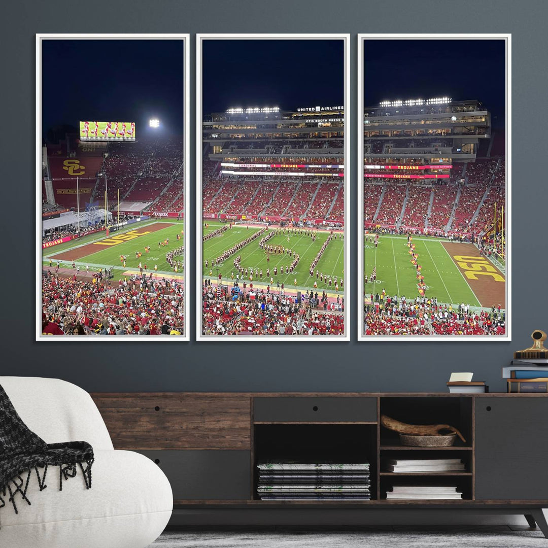 Canvas print depicting a packed stadium at night with a marching band forming USC, celebrating the Trojans at Los Angeles Memorial Coliseum.