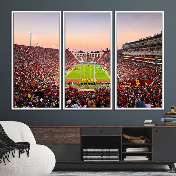 A USC Trojans wall art canvas print highlights the scene, depicting the Coliseum Stadium at sunset.