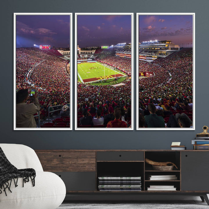 The vibrant wall art canvas print captures the USC Trojans playing under lights at dusk in LA Memorial Coliseum.