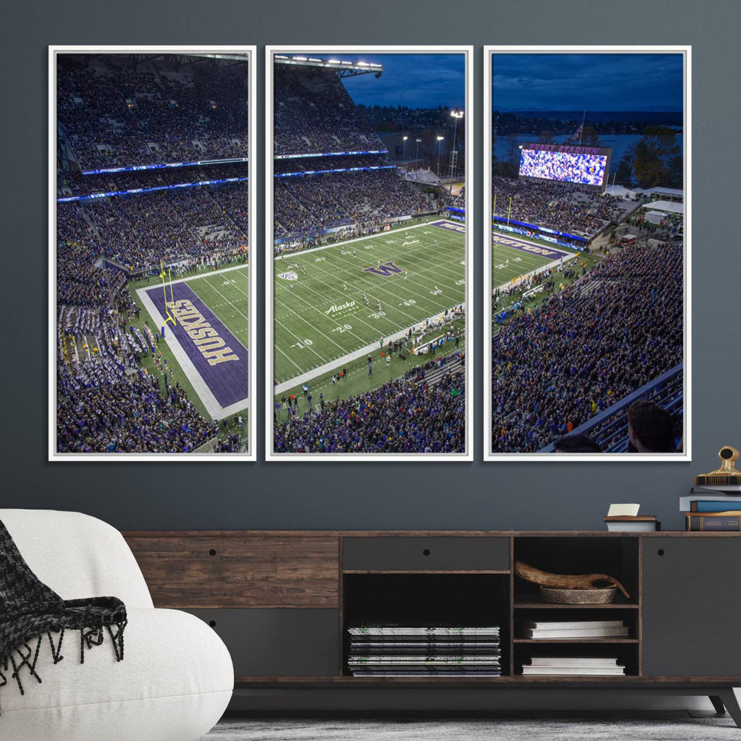 The University of Washington Huskies Football Team Print: Seattle Husky Stadium Wall Art Canvas captures a dusk stadium view.