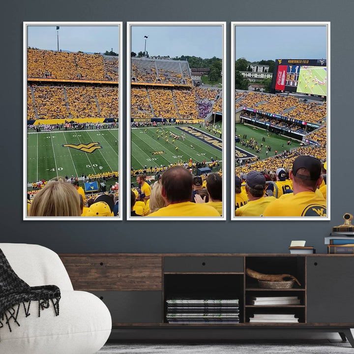 A Puskar Stadium canvas print decorates the modern living room shelf.