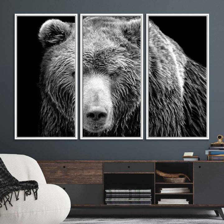 The 399 Grizzly Bear Canvas Print is displayed prominently on a wall in a modern living room.