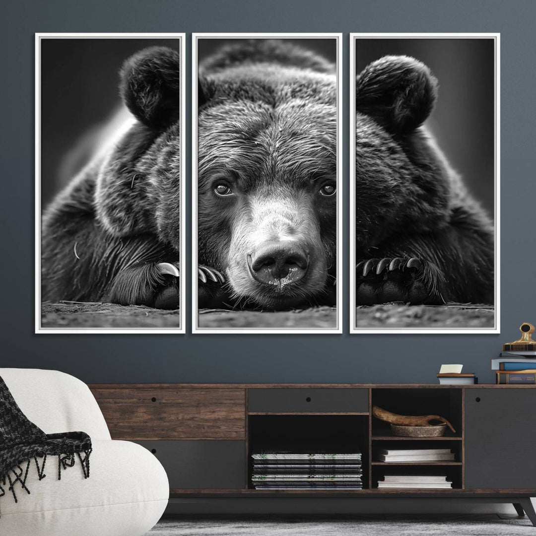 A black and white canvas print titled Resting Grizzly 399 Bear is displayed prominently.