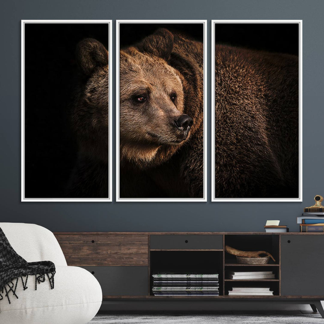 The Wild Grizzly 399 Bear Canvas Wall Art Print enhances modern living rooms with its neutral color palette.