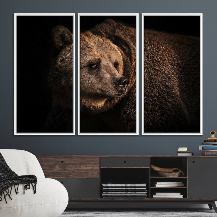 The Wild Grizzly 399 Bear Canvas Wall Art Print enhances modern living rooms with its neutral color palette.