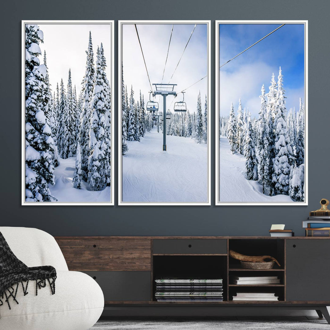 Winter Ski Lift Wall Art Print: Snowy Mountain Adventure, ideal for cabin or farmhouse decor under a clear blue sky.