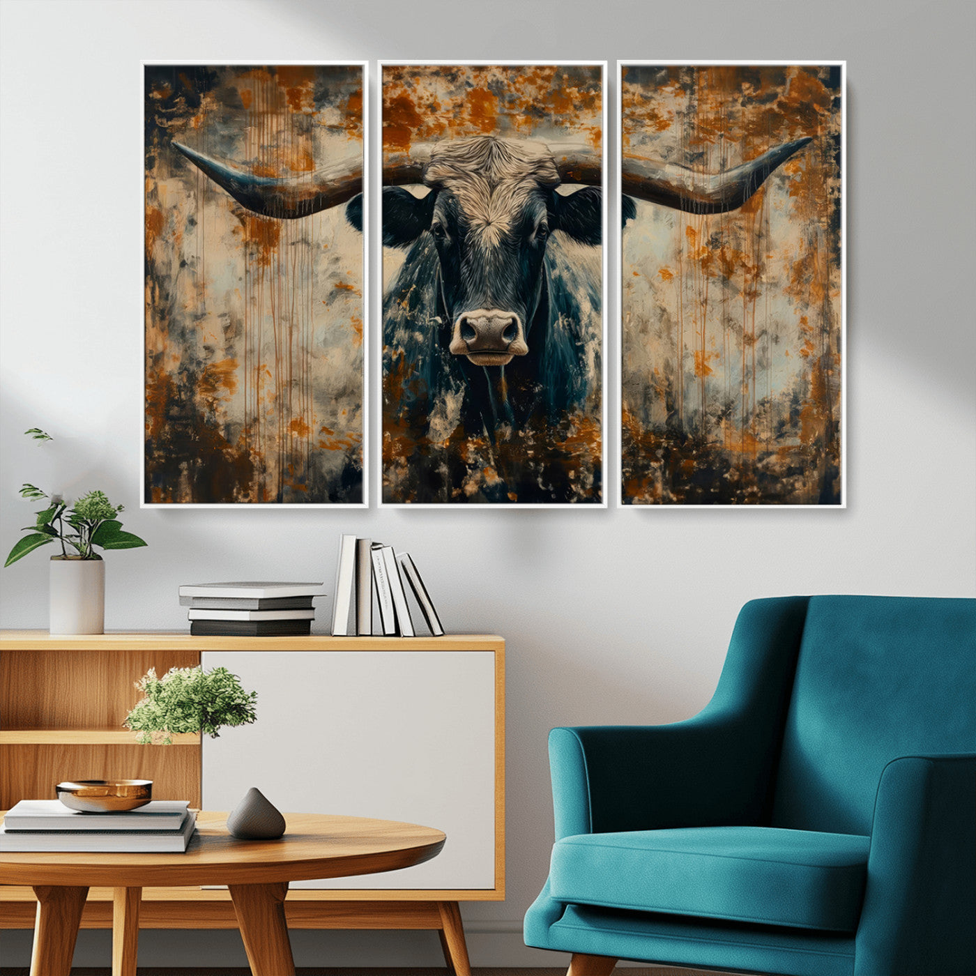 MGV-FC-48X32-3P - Abstract Longhorn Bull Wall Art | Rustic Western Wall Decor | Framed and Ready to Hang | Ideal for