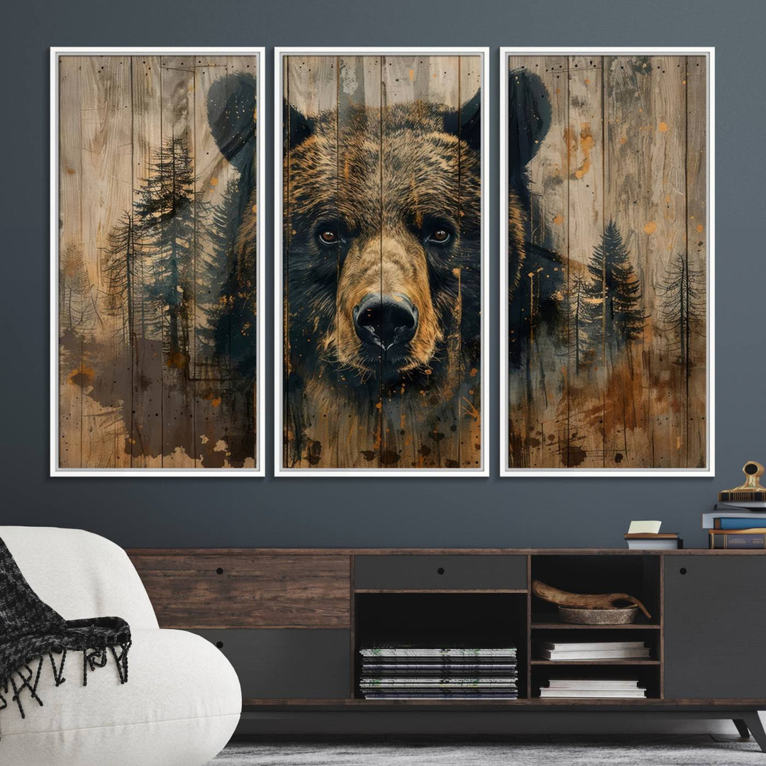 Abstract 399 Bear Wall Art showcases a bears face intertwined with forest trees, ideal for enhancing rustic lodge, cabin, or barn decor.