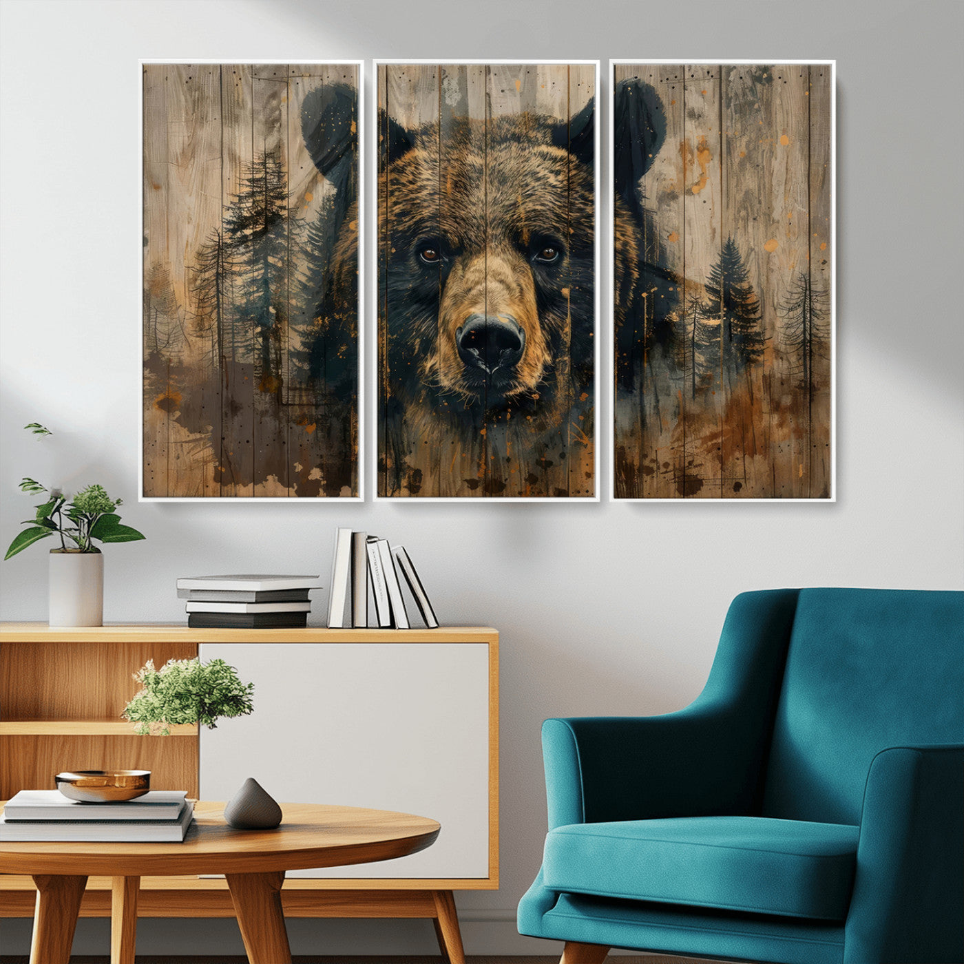 MGV-FC-48X32-3P - Abstract 399 Bear Wall Art | Rustic Cabin Wall Decor with Forest Design | Framed and Ready to Hang |