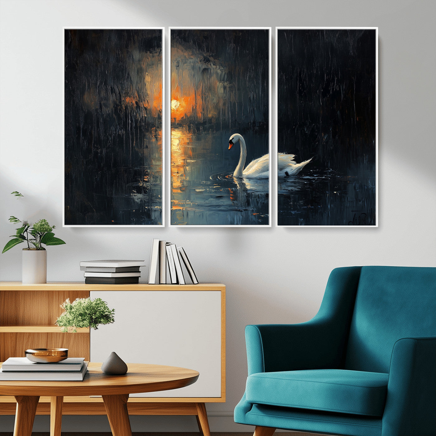 MGV-FC-48X32-3P - Abstract Swan on Water Wall Art Canvas Print - Elegant Nature Scene for Modern Home Decor
