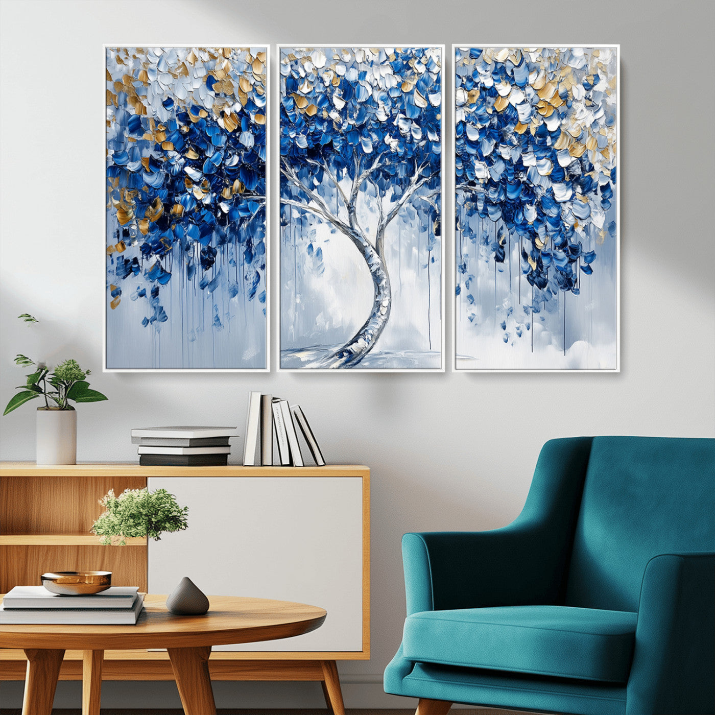 MGV-FC-48X32-3P - Blue and Gold Abstract Tree Wall Art Canvas Print | Modern Tree of Life Painting | Framed Canvas