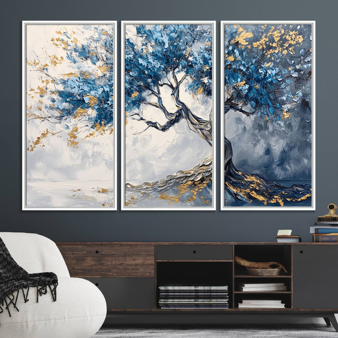 Abstract Tree Painting Canvas Print: Features a twisted trunk with blue and gold leaves; ideal wall art for any textured backdrop.