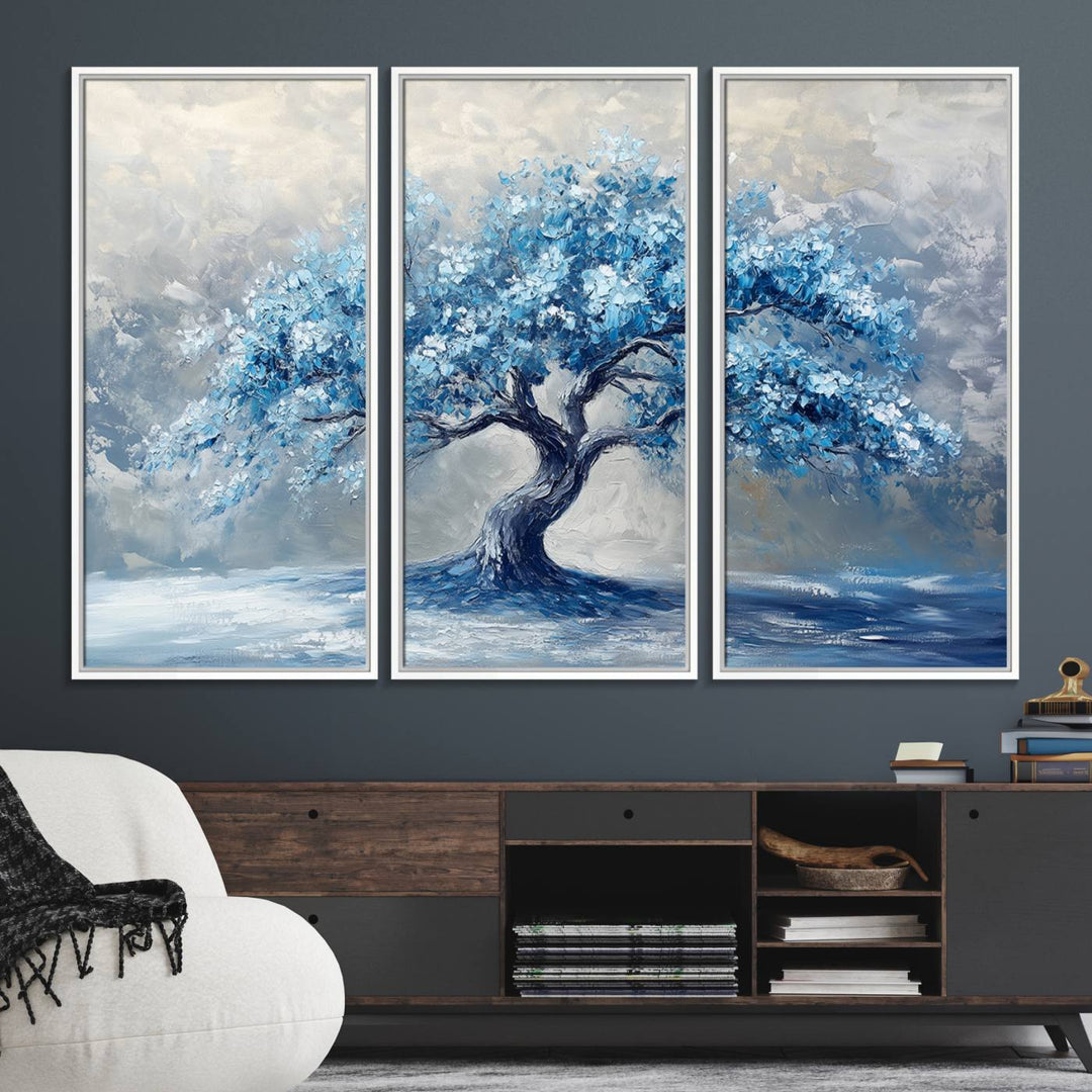 Abstract Blue Tree Art Print featuring textured blues and grays, perfect for farmhouse decor.