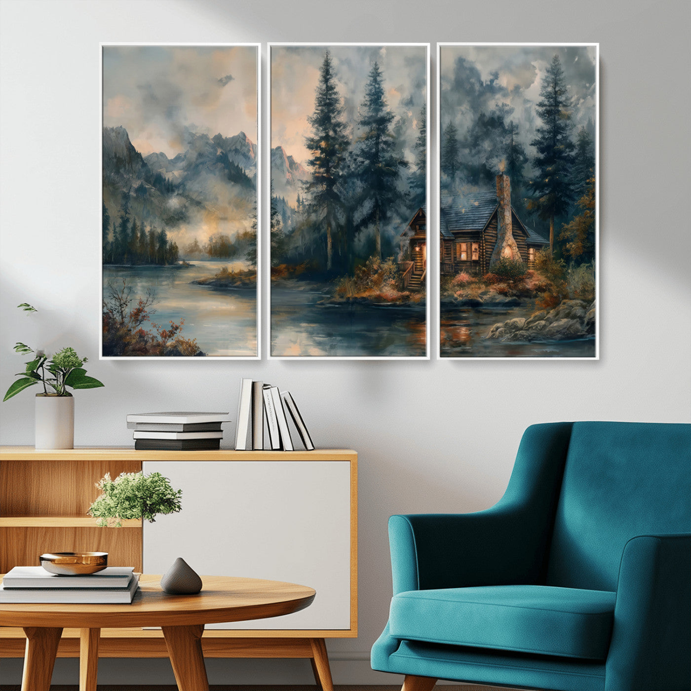 MGV-FC-48X32-3P - Rustic Cabin Woods Wall Art Print | Lake in a Forest Canvas Print | Cabin, Lodge, and Farmhouse