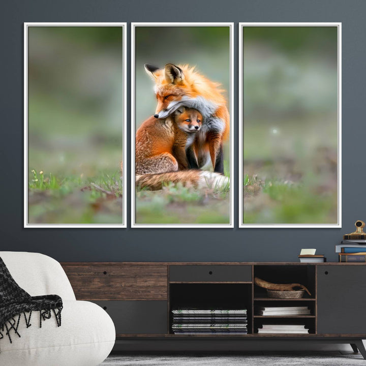 Heartwarming Fox and Baby Cub Wall Art - ready to hang, ideal for animal lovers, rustic decor, and cabin wall art.