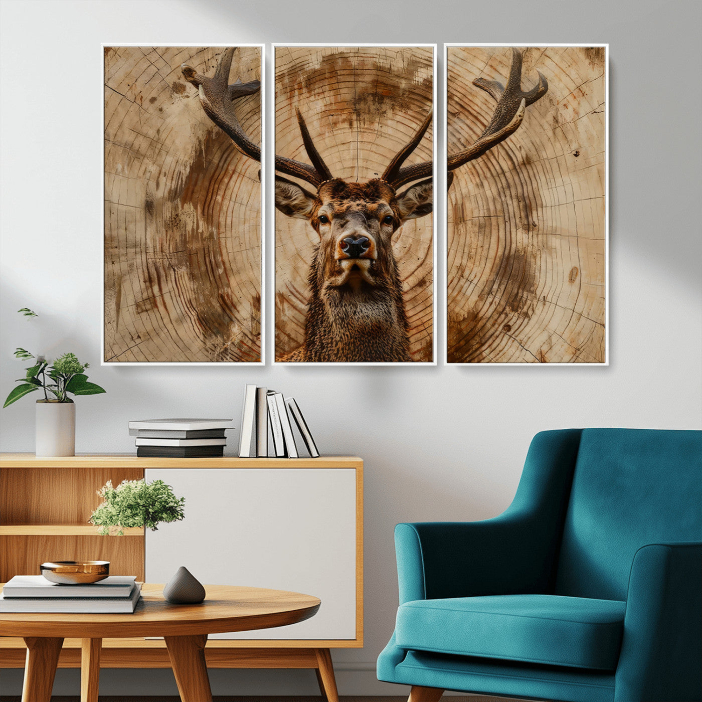 MGV-FC-48X32-3P - Wood Abstract Deer Wall Art | Rustic Wildlife Canvas Print | Ready to Hang Stag Head Triptych for