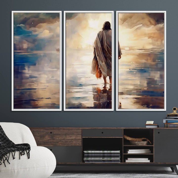 The wall art depicts a robed figure walking on water towards a boat, framed by a stunning sunset. This is showcased in the Jesus Walking on Water Triptych Canvas Print.