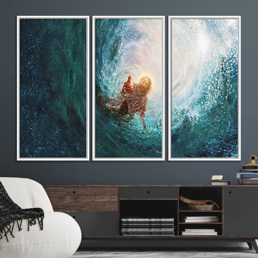 A swimmer heads towards light in an ethereal vortex on the Powerful Jesus Canvas Print - Hand of Salvation, Inspirational Wall Art.