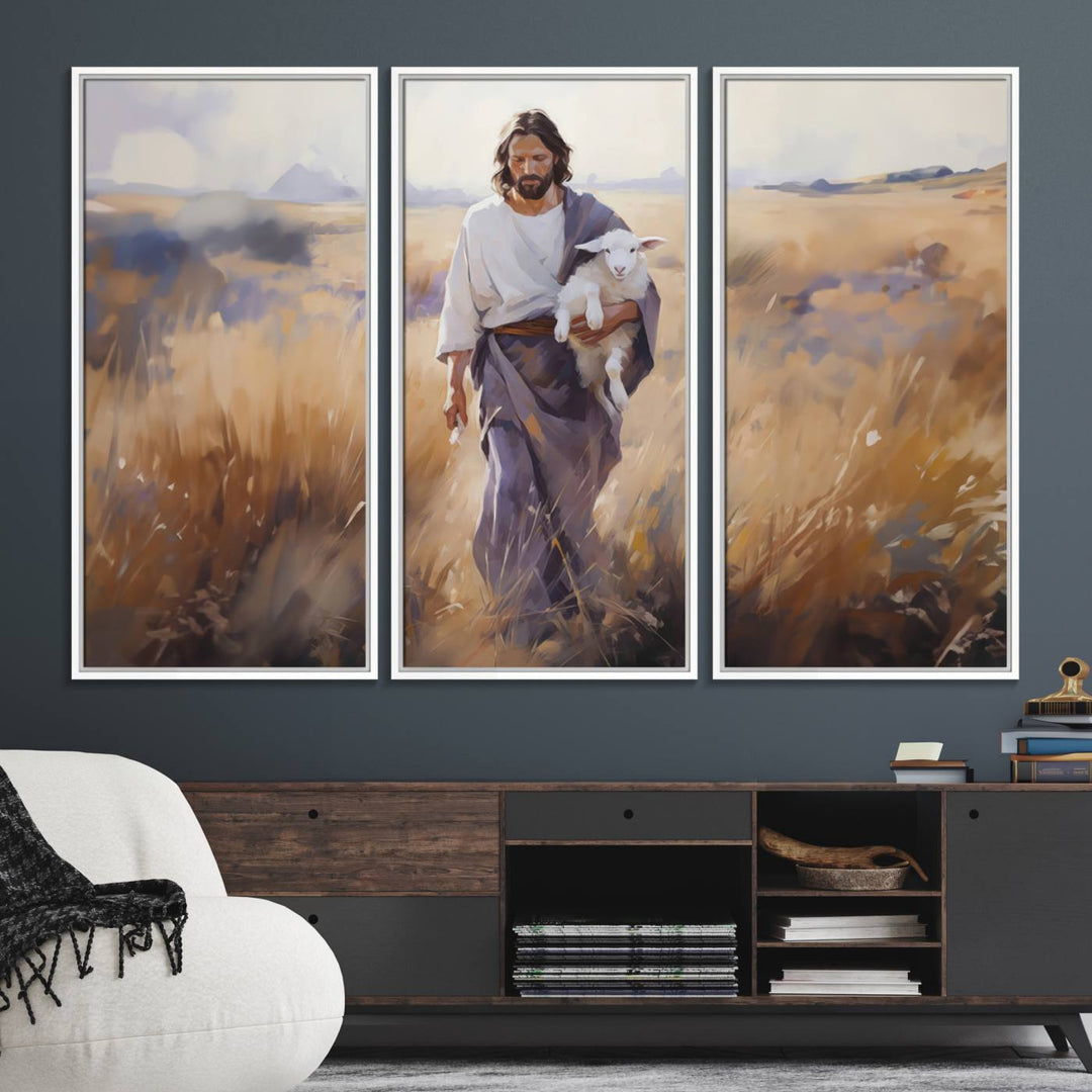 A canvas art piece depicts a bearded man carrying a lamb in a field, reminiscent of Jesus the Good Shepherd, ideal for prayer room decor.