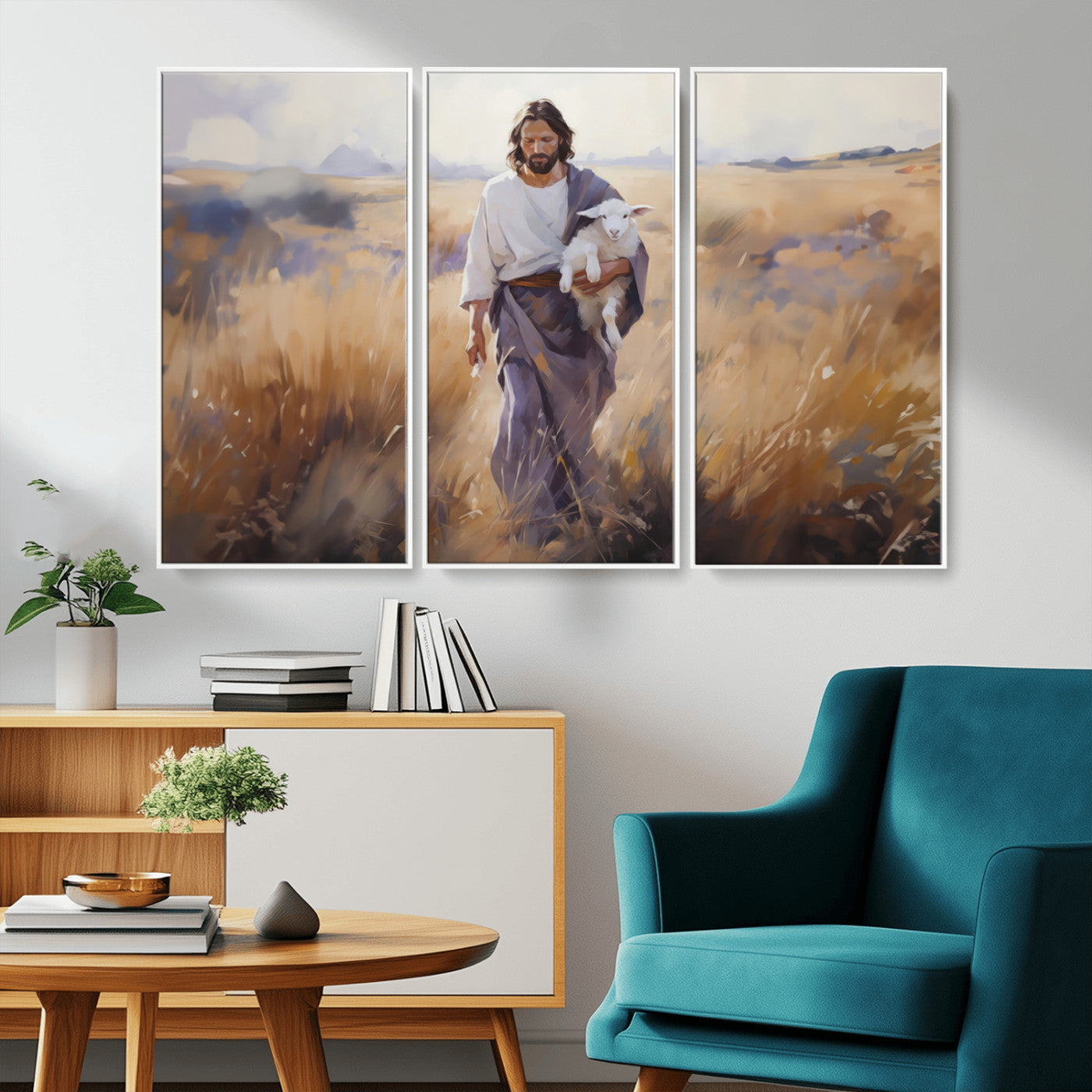 MGV-FC-48X32-3P - Jesus the Good Shepherd Wall Art Canvas Print - Lost Lamb Print for Prayer Room Decor