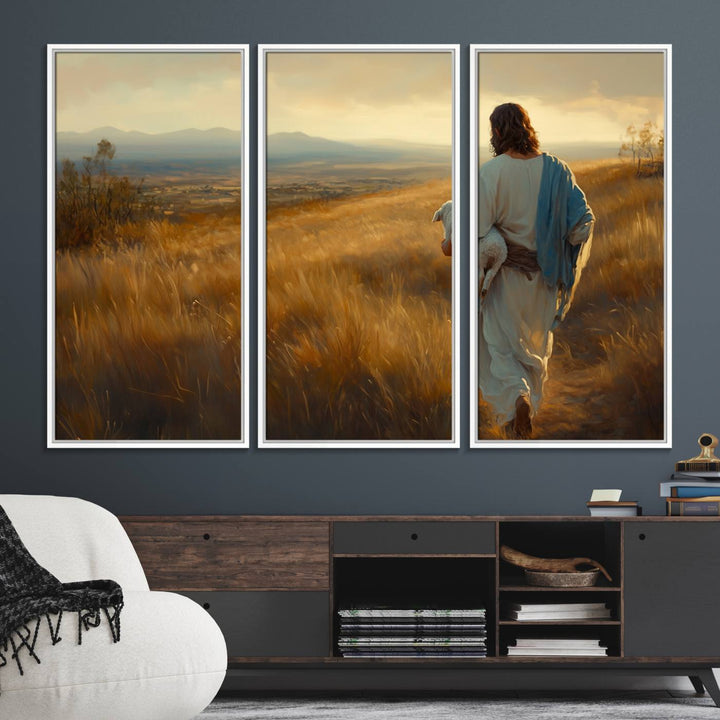 The wall art, titled Jesus the Good Shepherd, depicts a golden field at sunset.