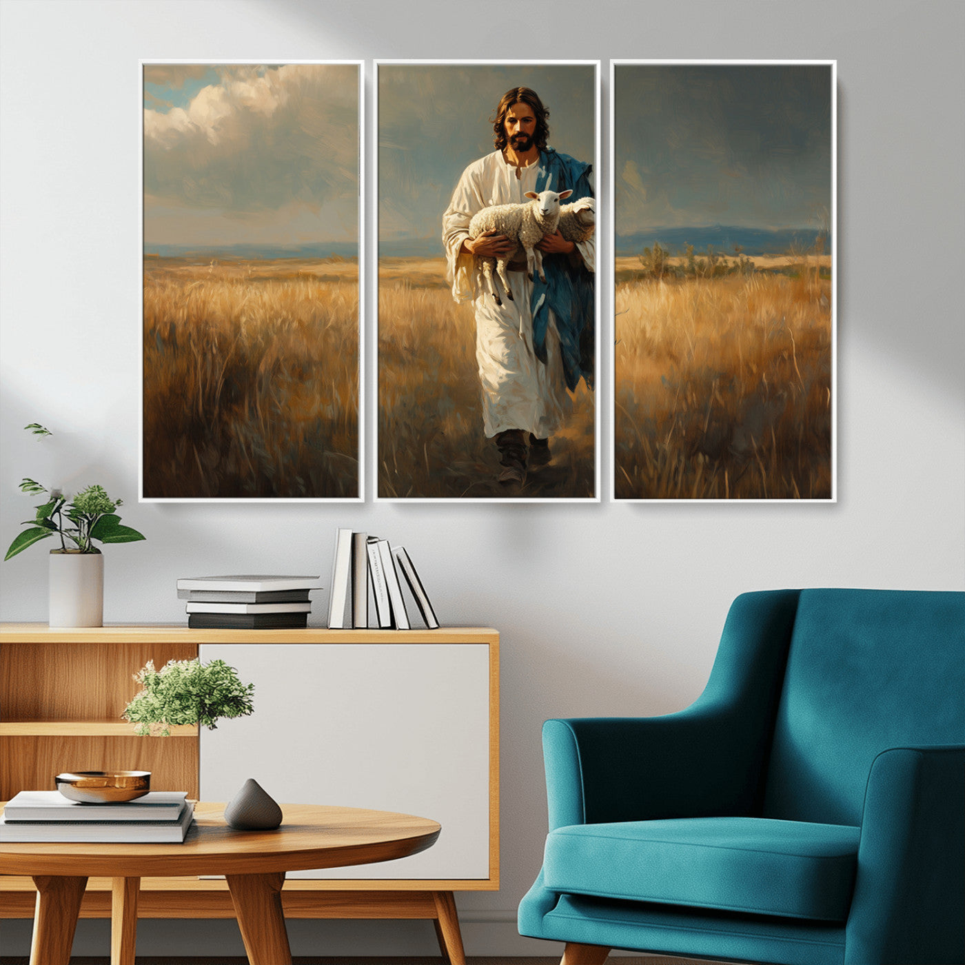 MGV-FC-48X32-3P - Jesus Shepherd Wall Art | Ready to Hang Triptych Canvas of Jesus Holding a Lamb in a Field |