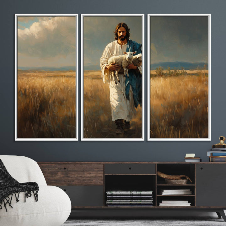 This Jesus Shepherd Wall Art depicts a figure in a white robe carrying a lamb, making it an ideal piece of Christian decor for your home.