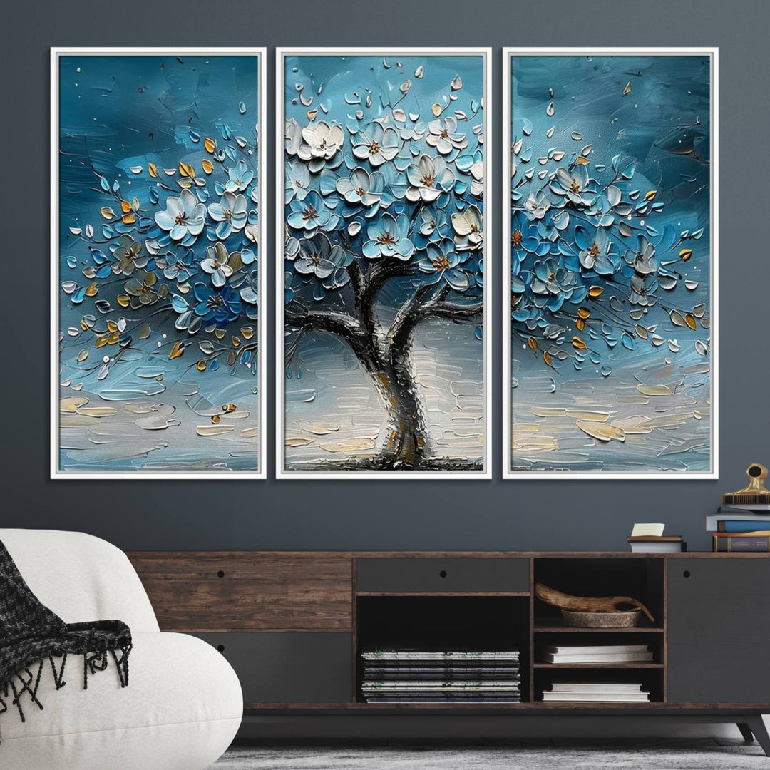 Abstract Blooming Tree Wall Art Print features blue, white, and gold textures on museum-quality canvas, perfect for modern decor.