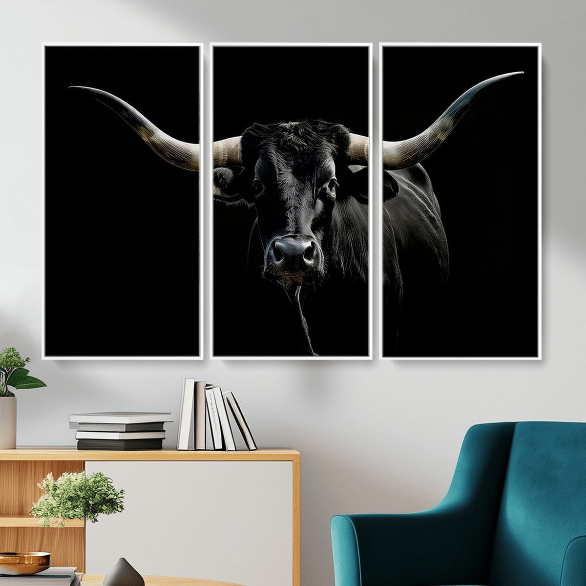 20679-MGV-CV-24X16 - Texas Black Longhorn Bull Wall Art Canvas Print, Western Cattle Rustic Decor