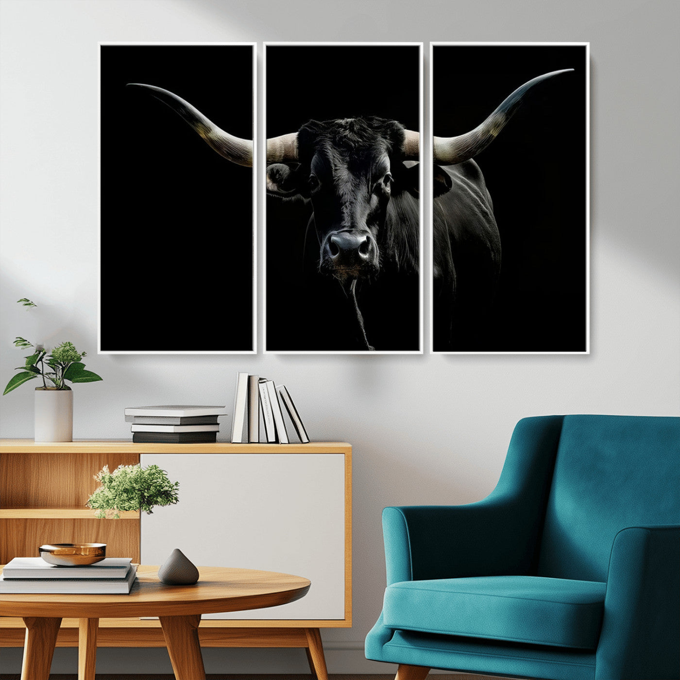MGV-FC-48X32-3P - Texas Black Longhorn Bull Wall Art Canvas Print - Western Texas Cattle Rustic Decor Print - Longhorn