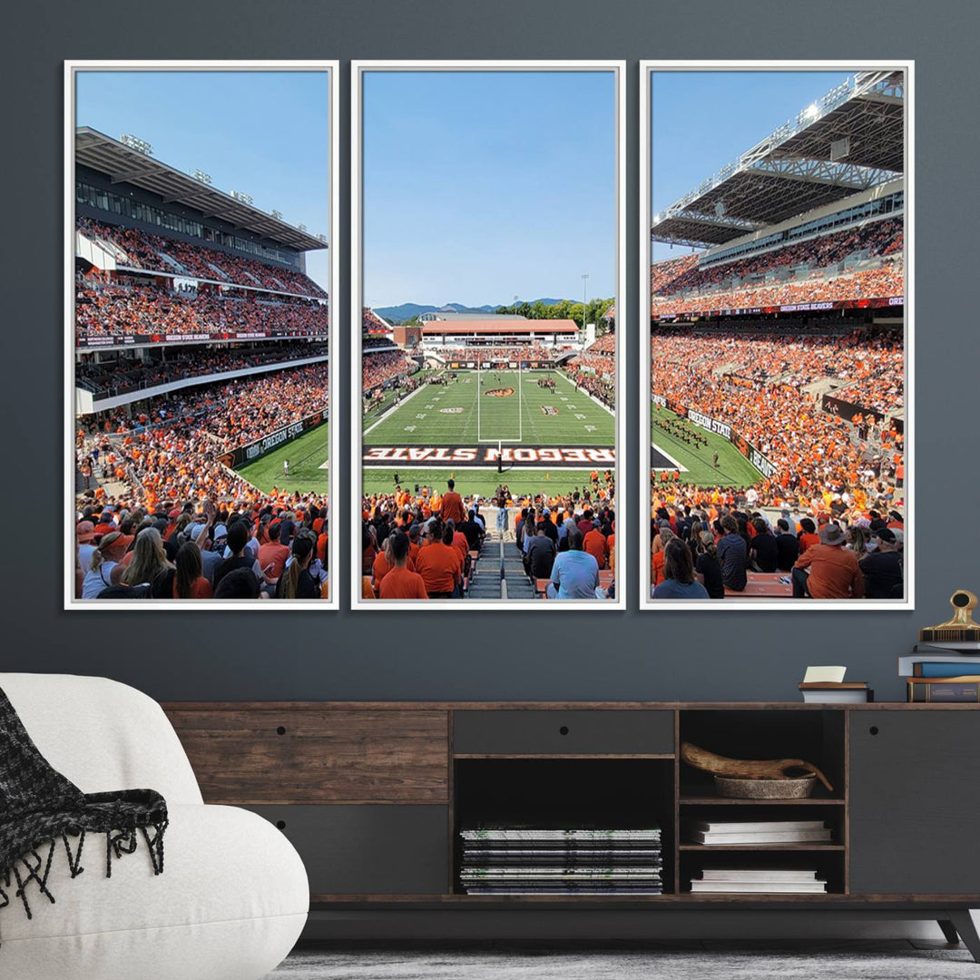 Wide-angle view of Corvallis Reser Stadium with Oregon State field, depicted in Beavers team print canvas art.