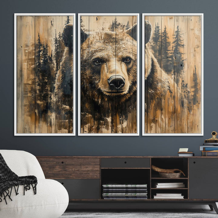 Majestic Grizzly 399 Bear 3-panel rustic canvas print with woodland theme.