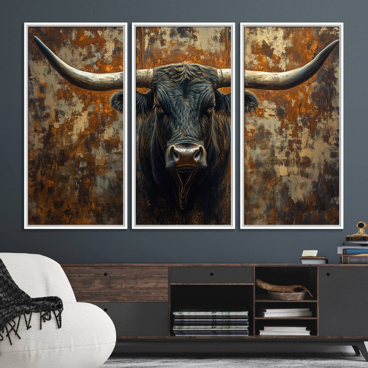 The Longhorn Texas Cow Bull Wall Art canvas print showcases rustic farmhouse decor.