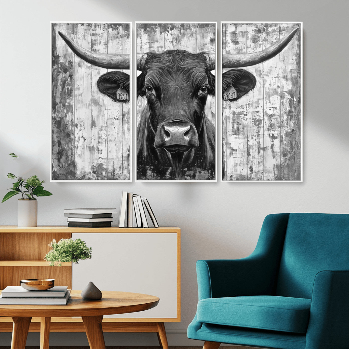 MGV-FC-48X32-3P - Abstract Longhorn Bull Wall Art Canvas Print - Rustic Texas Western Cow Artwork