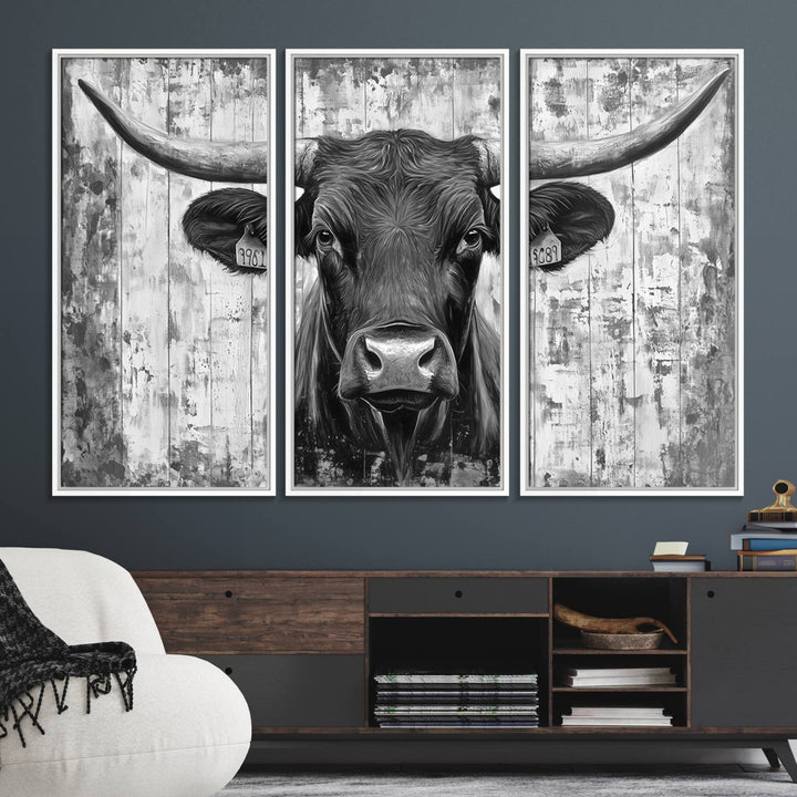 Abstract Longhorn Bull canvas print, featuring rustic Texas-themed wall art on a wooden background, ideal for Western decor.