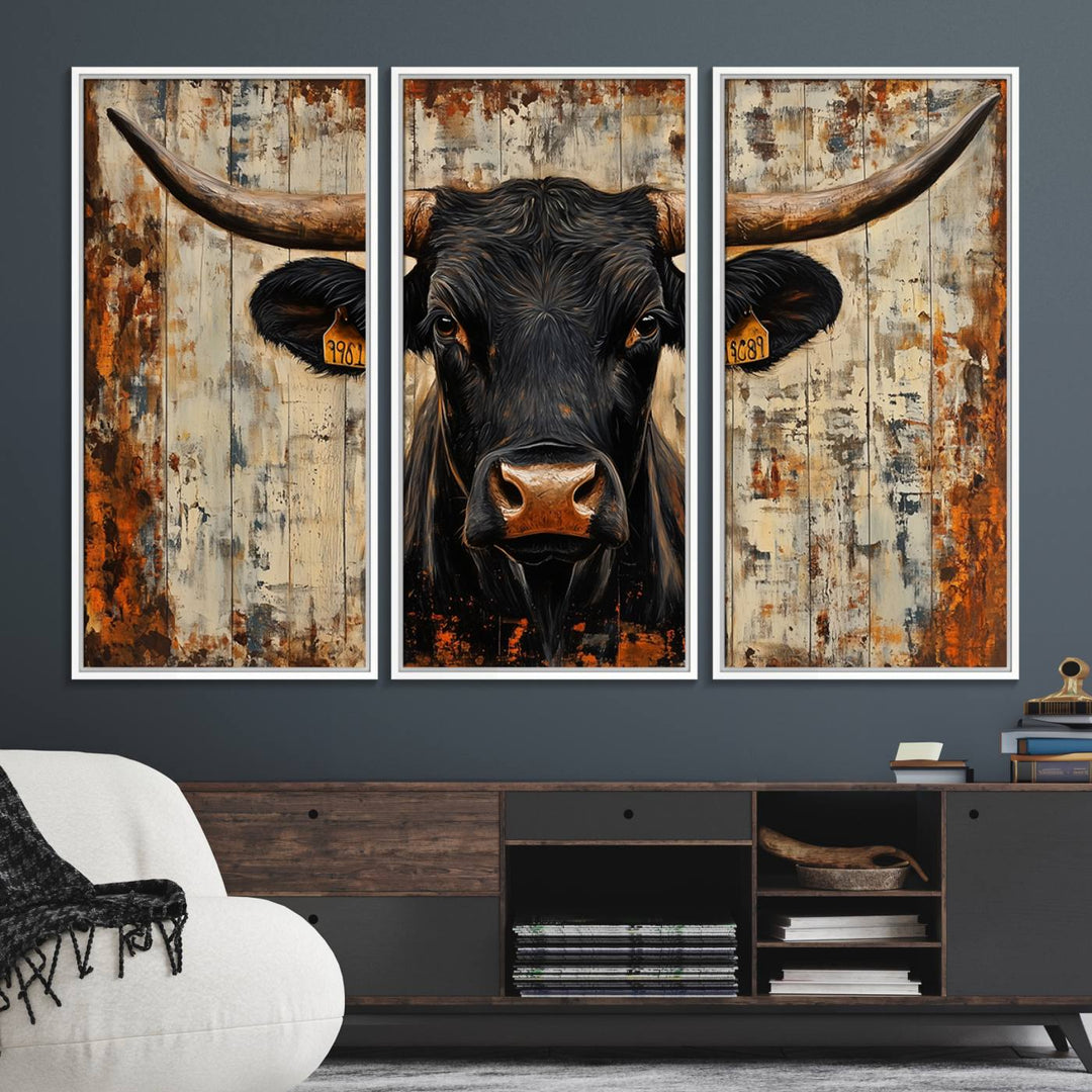 Black bull painting with horns and ear tags, ideal for rustic Texas decor - Abstract Cow Longhorn Bull Canvas Print.