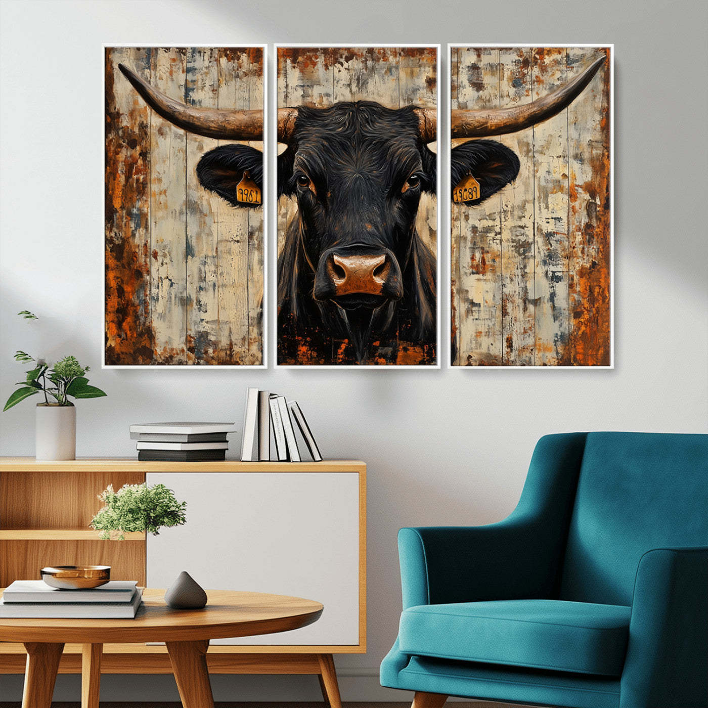 MGV-FC-48X32-3P - Rustic Texas Artwork Wall Art Canvas Print - Abstract Cow Longhorn Bull Wall Art Canvas Print